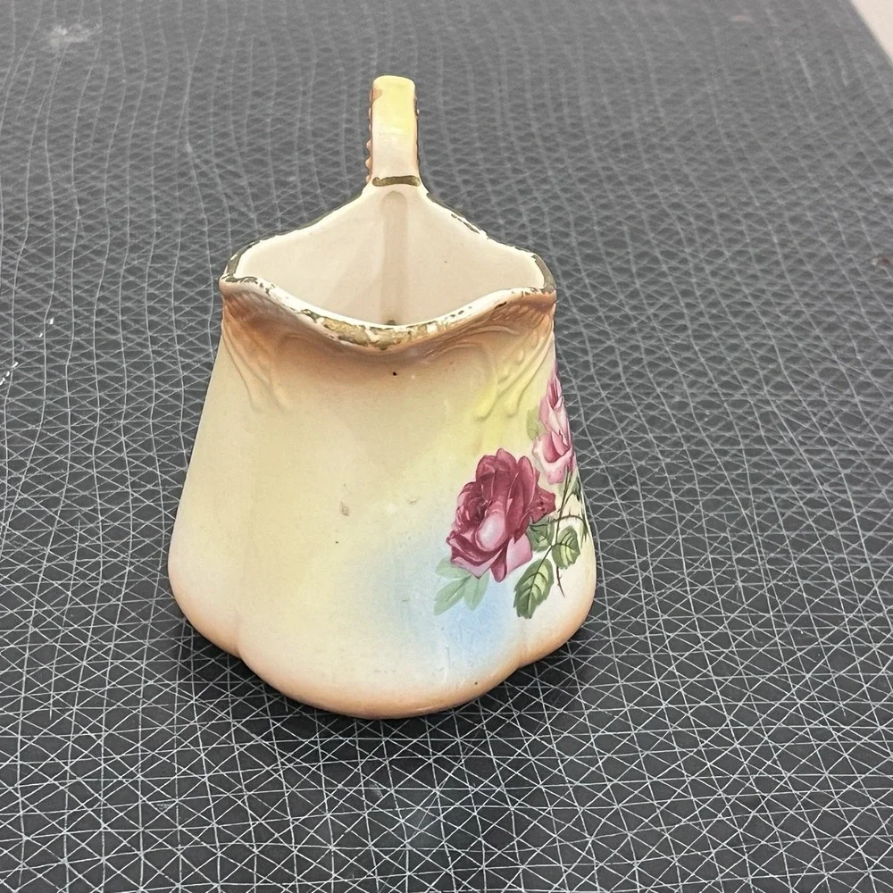 VINTAGE CREAMER SYRUP CABINET PITCHER LOVELY RED YELLOW ROSES ART NOUVEAU
